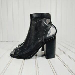 Sol Sana Sheer Mesh Black Leather Open Back & Toe  Block Heels Ankle Boots I757